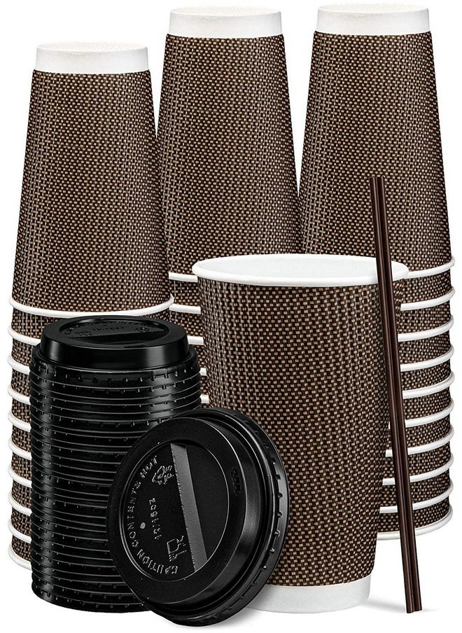 Comfy Package - Comfy Package [16 oz. - 50 Sets Insulated Brown Patterned Ripple Paper Hot Coffee Cups With Lids (Lids Color May Vary) - Ideal for Hot Beverages, Travel, and Office Use - Image 1