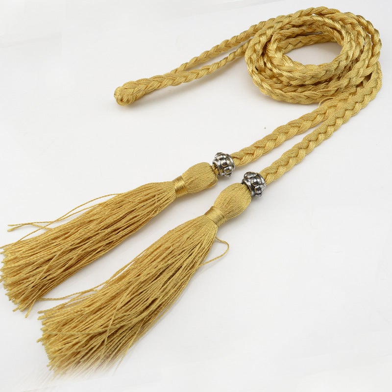 Braided Tassel Belt Ladies Skinny Butterfly Knot Gold 