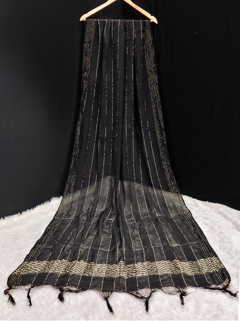 TRENDMALLS Women's Chinon Silk Golden Zari Weaving Stripes Design Dupatta (D09-Black) - Image 2