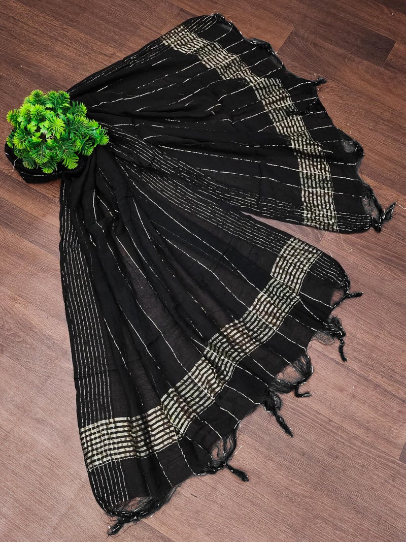 TRENDMALLS Women's Chinon Silk Golden Zari Weaving Stripes Design Dupatta (D09-Black) - Image 3