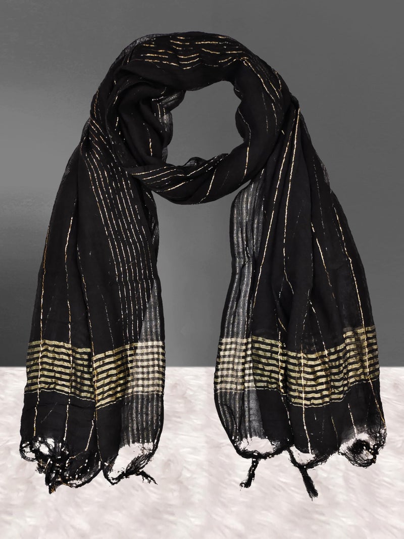 TRENDMALLS Women's Chinon Silk Golden Zari Weaving Stripes Design Dupatta (D09-Black) - Image 4