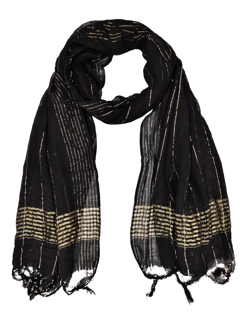 TRENDMALLS Women's Chinon Silk Golden Zari Weaving Stripes Design Dupatta (D09-Black) - Image 1