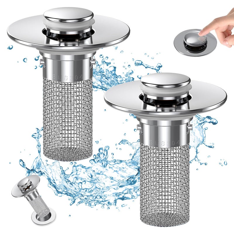cocog Bathroom Sink Drain Strainer, Pop Up Sink Drain Filter with Removable Stainless Steel Filter Basket Hair Catcher, Bathroom Sink Drain Stopper, for Us Bathroom Sink Stopper Replacement (2pcs) - Image 1