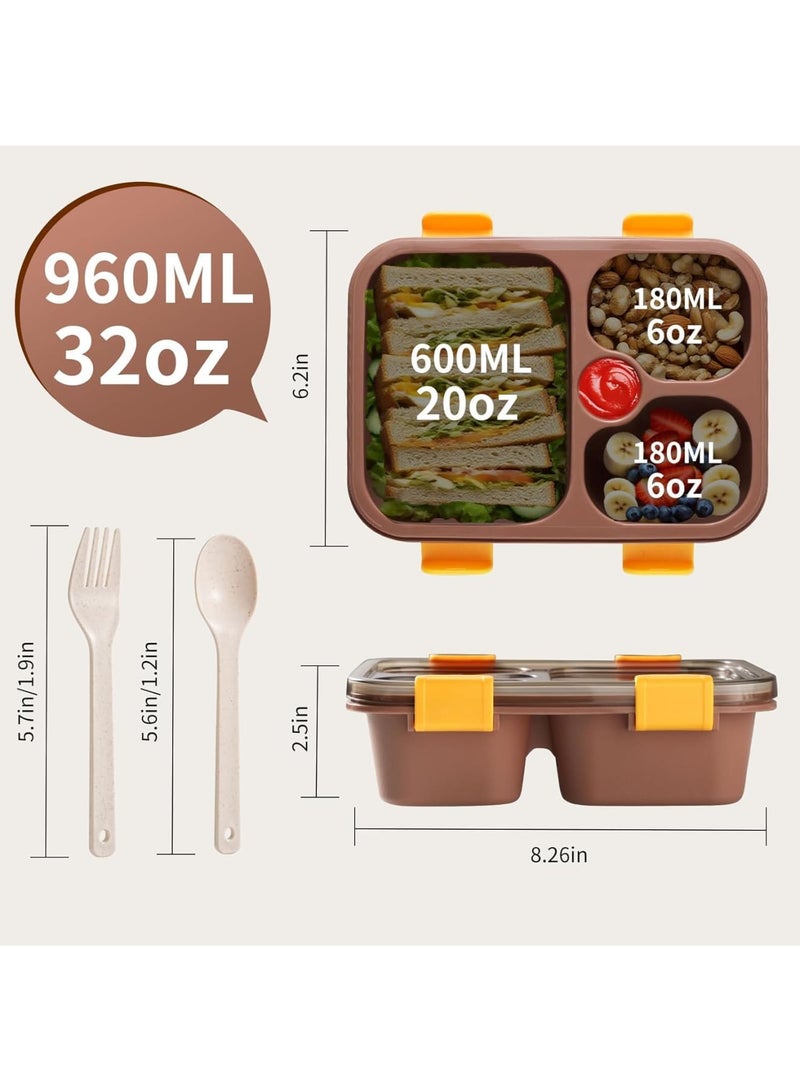 SYOSI Bento Box Adult, 2 Pack Leak Proof Lunch Containers with 3 Compartments and Cutlery Set, 32oz Reusable Food Storage Box for Work School Travel and Meal Prep, Dishwasher Safe Lunchable Container - Image 2