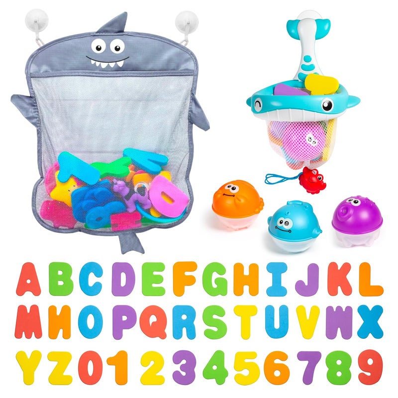 Comfylife Baby Bath Toy Organizer - Bath Toy Storage for Shower - Bathtub Toy Organizer Includes Foam Bath Toys (Numbers & Letters & Squirty Toys) + Extra Net That Doubles as a Toy - Image 1
