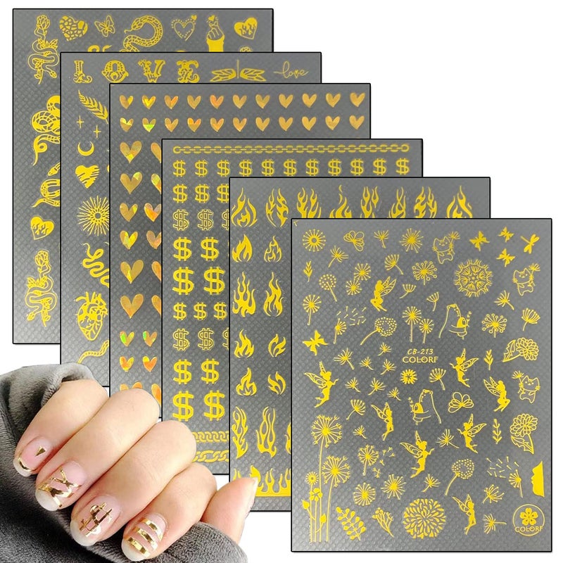 Gold Nail Art Stickers 3D SelfAdhesive DecalsFlame Snake Butterfly Flowers Fairy Heart Nail Art Design Holographic Laser Glitter Nail Decoration for Women Girls Manicure Charms Supplies 6 Sheets