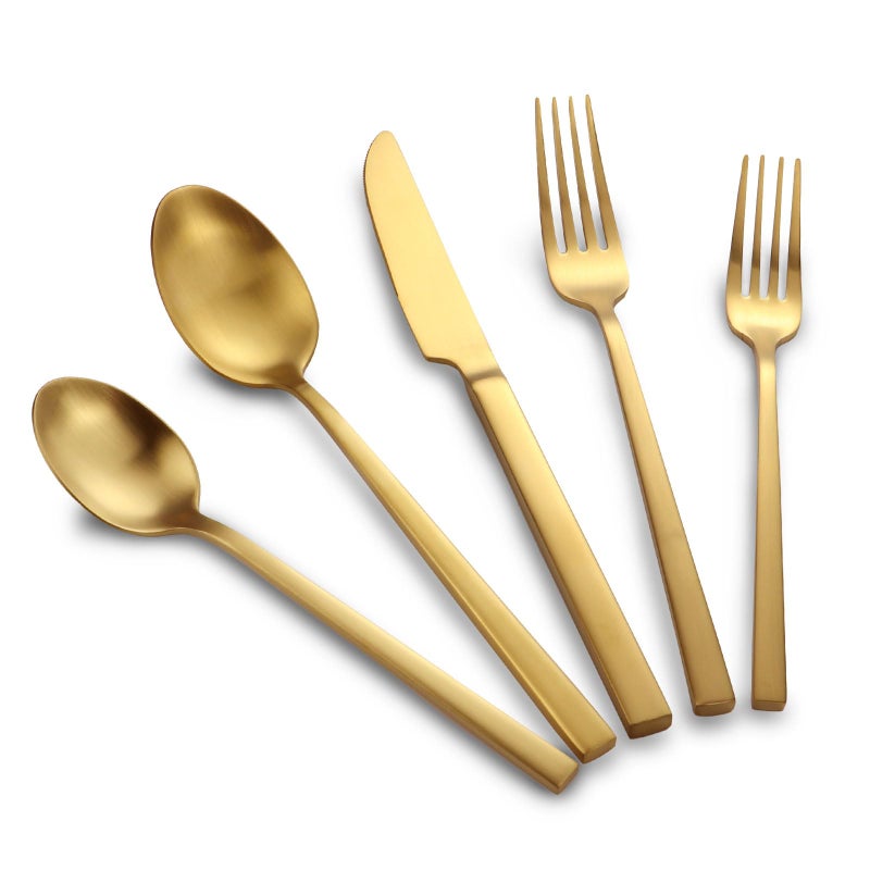 Kelenfer Stainless Steel Flatware Set Hand Forged 18/10 Silverware Set Cutlery Set Gold Cuboid Handle Matte Finished 20 Pieces Service for 4 - Image 1