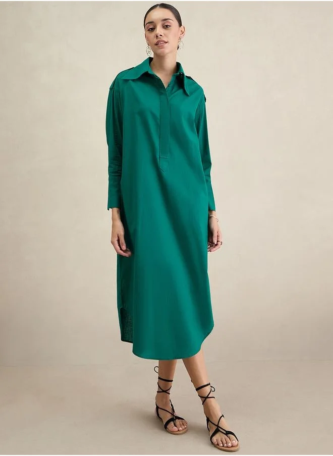 فيميلا Cotton Shirt Collared Maxi Dress