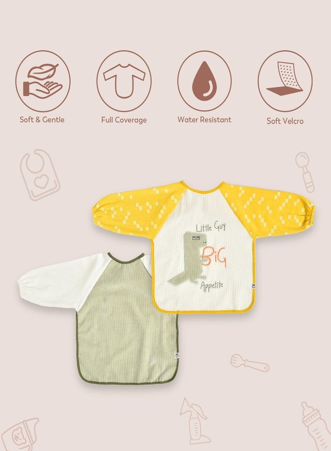 Mi Arcus Cotton Full Sleeve Water Resistant Coverall Feeding Bibs/Apron with Velcro Closure 6-18 M(Pk of 2) - Pastel Multi - Image 2