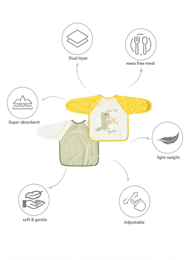 Mi Arcus Cotton Full Sleeve Water Resistant Coverall Feeding Bibs/Apron with Velcro Closure 6-18 M(Pk of 2) - Pastel Multi - Image 3