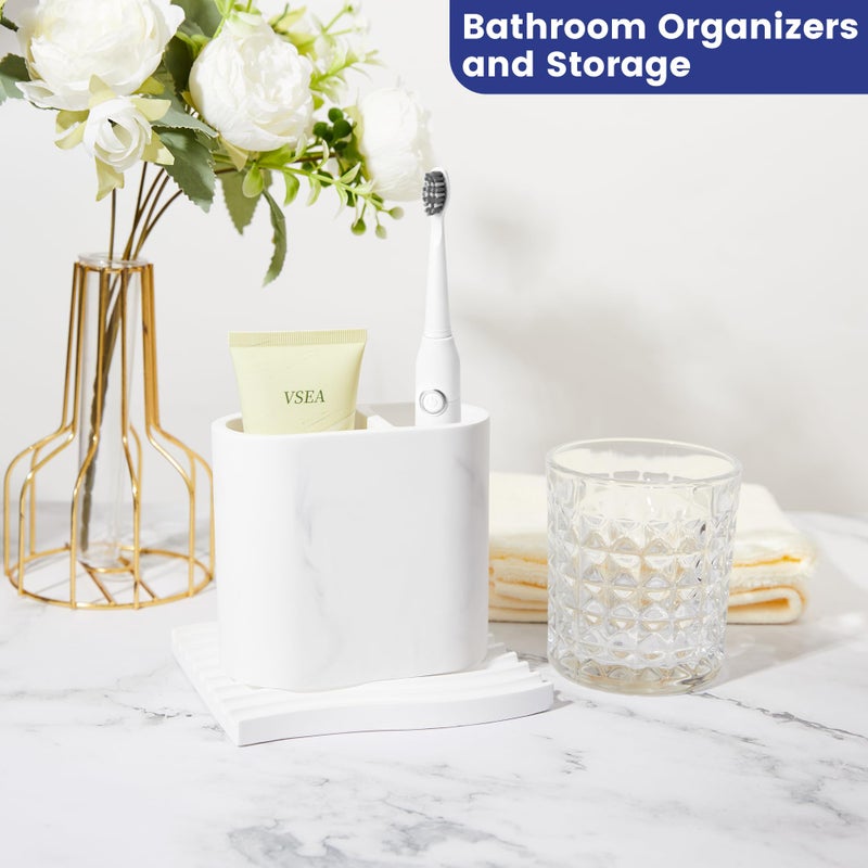 Amviner Diatomite Toothbrush Holders for Bathrooms, Electric Tooth Brush and Toothpaste Holder for Bathroom Countertop, Marble White Bathroom Accessories, 2 Slots Toothbrush Organizer - Image 5