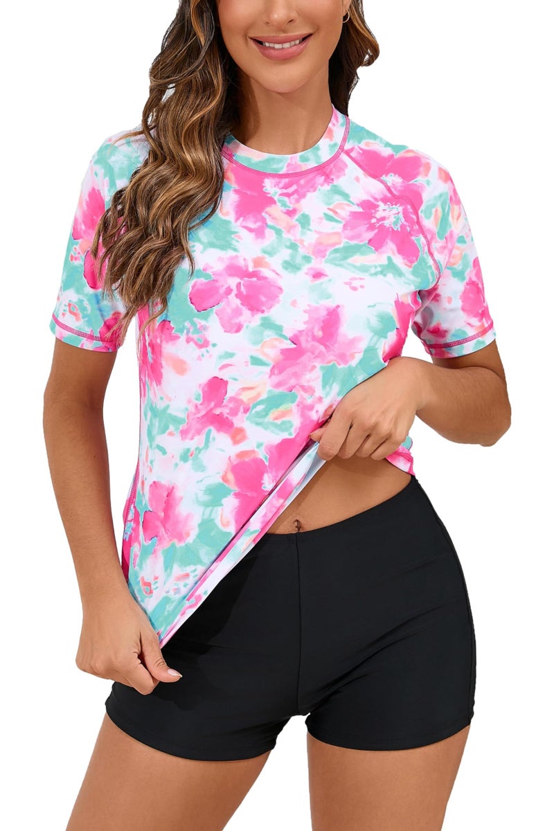 Halcurt Women Modest Swim Shirt with Shelf Bra Short Sleeve Bathing Suit with Shorts Pink 2XL