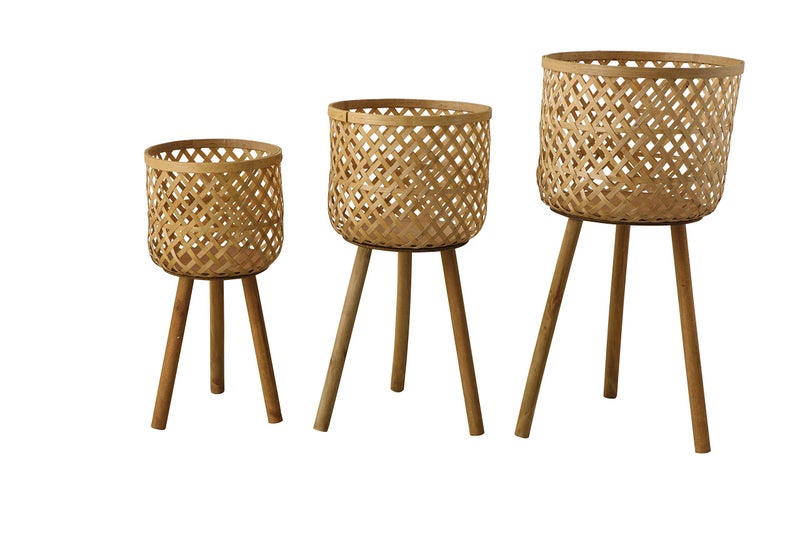Creative Co-op Creative CoOp Round Bamboo Floor Baskets with Wood Legs Set of 3 Sizes 