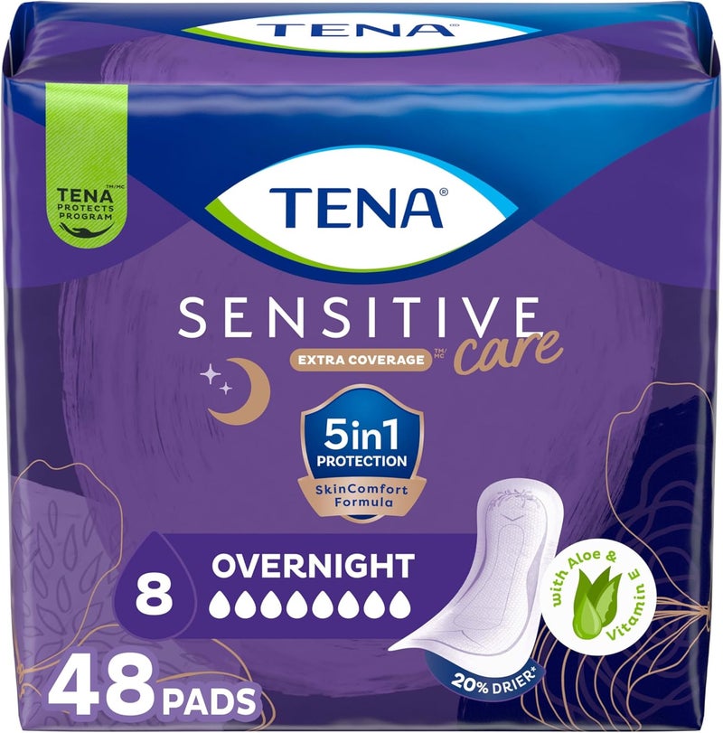 Tena وسادات العناية الحساسة لسلس البول، التحكم في المثانة، ما بعد الولادة للنساء، امتصاص ليلي، تغطية إضافية، 48 قطعة - Image 1