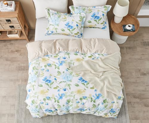 SLEEPBELLA Duvet Cover King 600 Thread Count Cotton 3pcs Bedding Set Blue Flowers and Green Leaves Printed on White Reversible Comforter Cover - Image 3