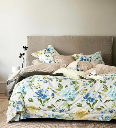 SLEEPBELLA Duvet Cover King 600 Thread Count Cotton 3pcs Bedding Set Blue Flowers and Green Leaves Printed on White Reversible Comforter Cover - Image 1