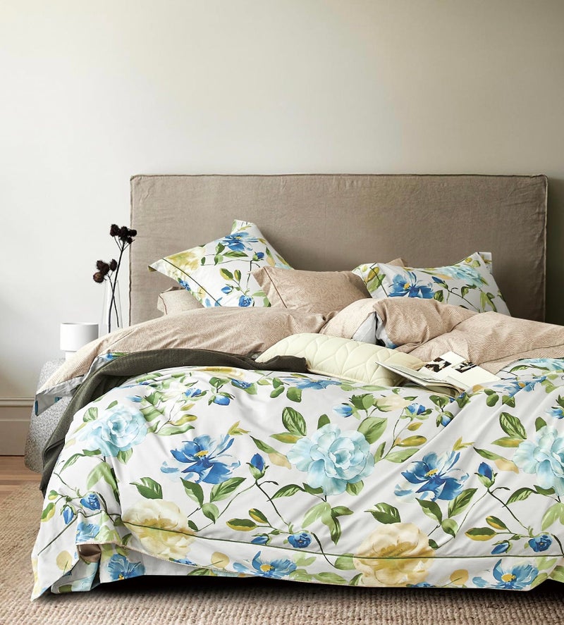 SLEEPBELLA Duvet Cover King 600 Thread Count Cotton 3pcs Bedding Set Blue Flowers and Green Leaves Printed on White Reversible Comforter Cover - Image 2