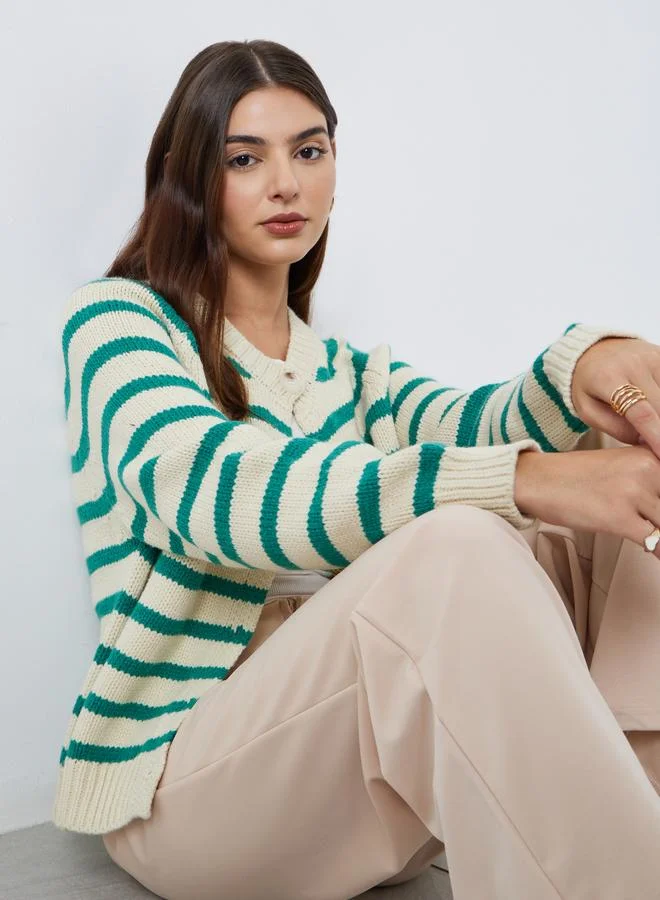 Styli Relaxed Fit Striped Knit Cardigan