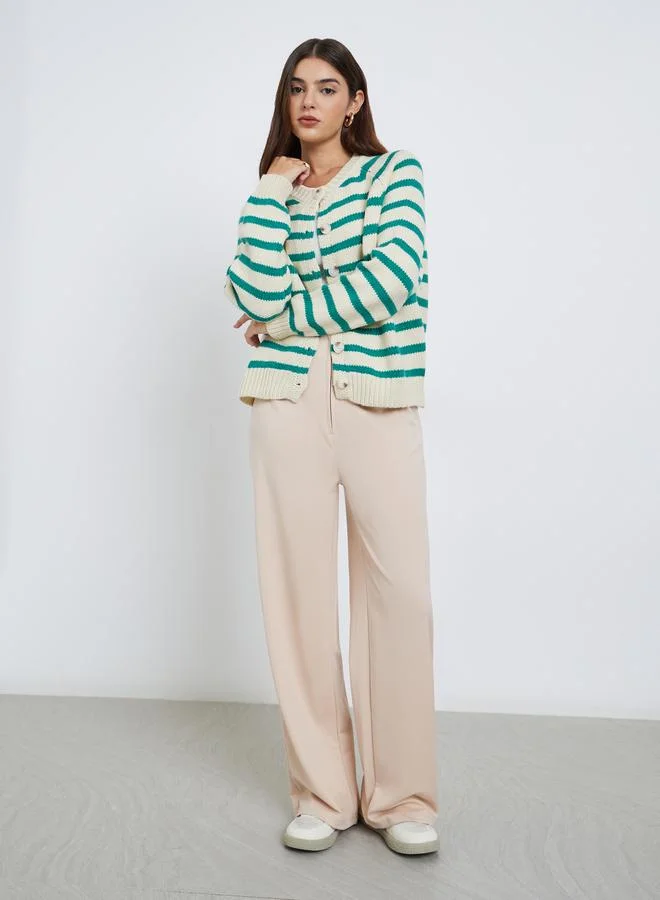 Styli Relaxed Fit Striped Knit Cardigan