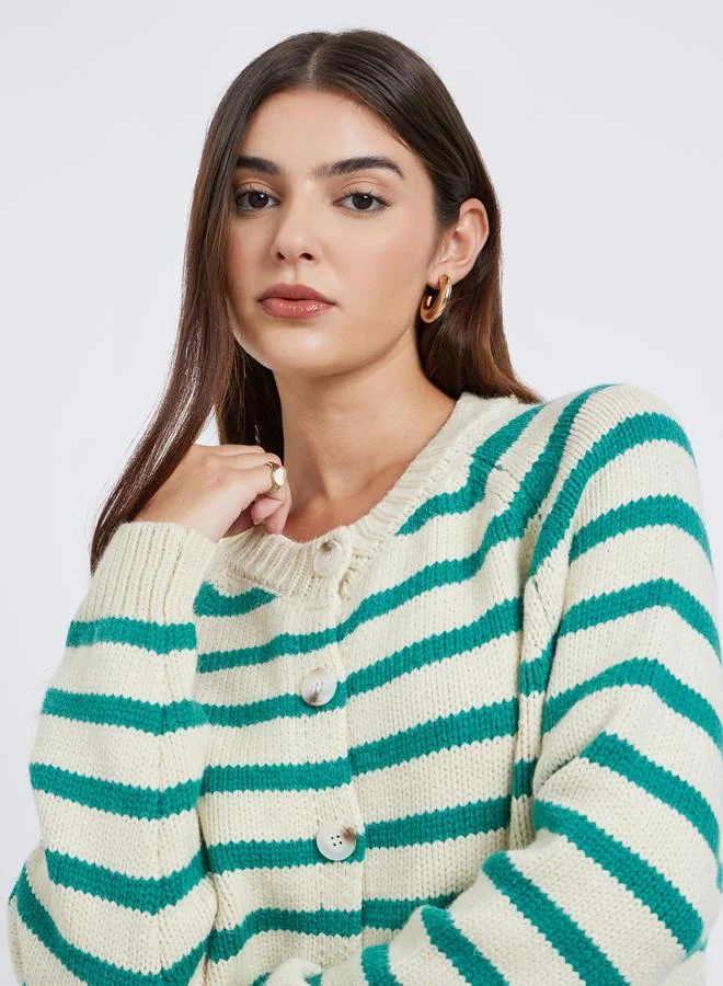 Styli Relaxed Fit Striped Knit Cardigan