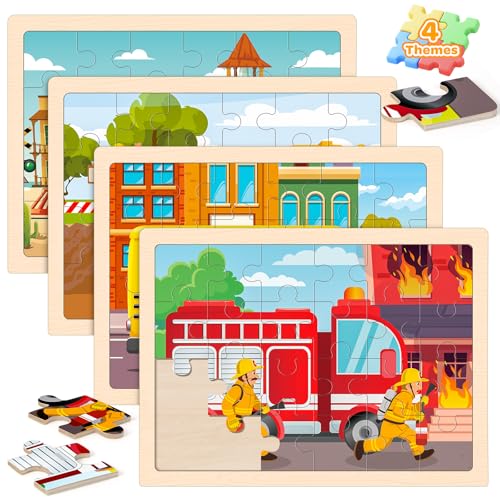 LACCHOUFEE Wooden Puzzles for Kids Age 3 4 5 Year Old 4 Pack 24 Pcs Toddler Jigsaw Puzzles for Girl Boy Vehicle Activities Preschool Learning Educational Birthday Gift Travel Autistic Wooden Toys - Image 1