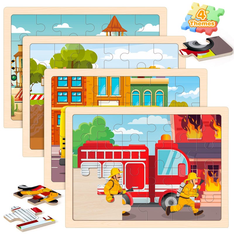 LACCHOUFEE Wooden Puzzles for Kids Age 3 4 5 Year Old 4 Pack 24 Pcs Toddler Jigsaw Puzzles for Girl Boy Vehicle Activities Preschool Learning Educational Birthday Gift Travel Autistic Wooden Toys - Image 3