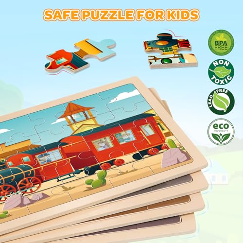 LACCHOUFEE Wooden Puzzles for Kids Age 3 4 5 Year Old 4 Pack 24 Pcs Toddler Jigsaw Puzzles for Girl Boy Vehicle Activities Preschool Learning Educational Birthday Gift Travel Autistic Wooden Toys - Image 5