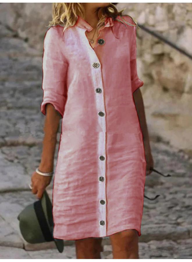 New European And American Women's Clothing Spring And Summer Shirt Collar Mid-sleeve Large Round Buckle Cotton And Linen Dress