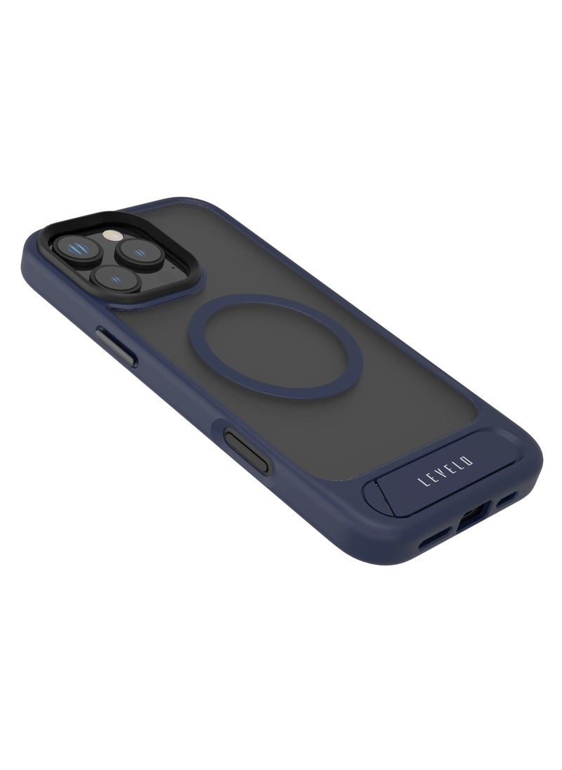 LEVELO - iPhone 16 Pro Matteo Case with Built-in Kick Stand & MagSafe Compatible Back Cover / TPU & PC Material / Anti Fingerprint / Impact Resistant Corners with Airguard Technology - Blue - Image 1