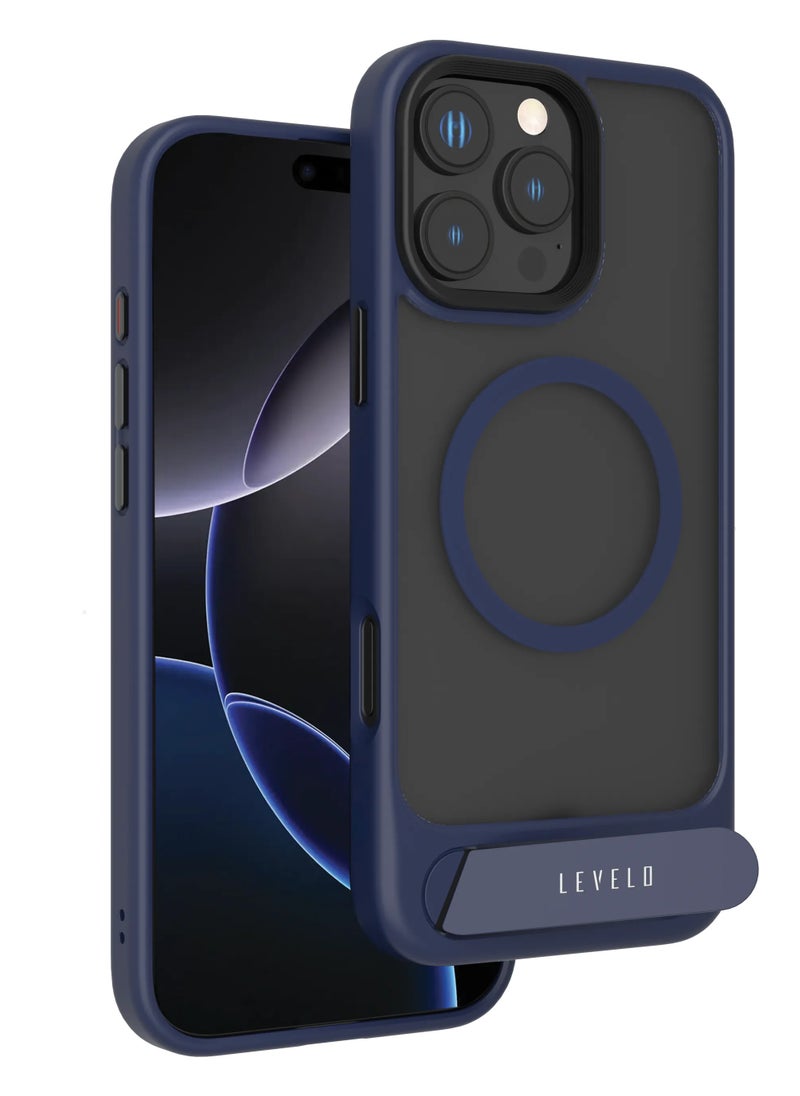 LEVELO - iPhone 16 Pro Matteo Case with Built-in Kick Stand & MagSafe Compatible Back Cover / TPU & PC Material / Anti Fingerprint / Impact Resistant Corners with Airguard Technology - Blue - Image 1