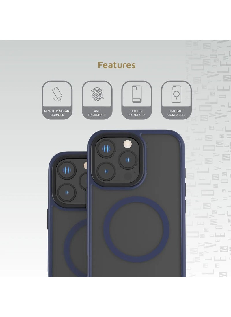 LEVELO - iPhone 16 Pro Matteo Case with Built-in Kick Stand & MagSafe Compatible Back Cover / TPU & PC Material / Anti Fingerprint / Impact Resistant Corners with Airguard Technology - Blue - Image 1