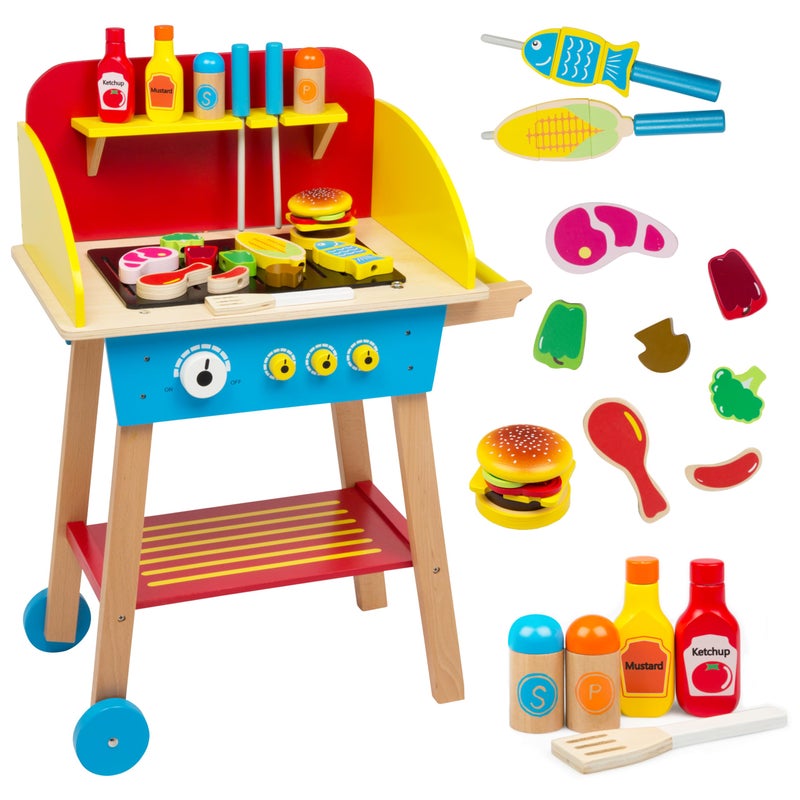 Svan Cook N Grill Wooden BBQ Playset Kids Pretend Play Stand Wood Toy Barbeque w Food Condiments Grilling Tools 30 Pieces in All Fun Indoor Outdoor Activity Set for Playrooms Daycare Centers - Image 2