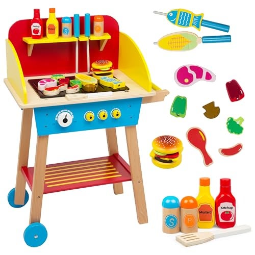Svan Cook N Grill Wooden BBQ Playset Kids Pretend Play Stand Wood Toy Barbeque w Food Condiments Grilling Tools 30 Pieces in All Fun Indoor Outdoor Activity Set for Playrooms Daycare Centers - Image 1