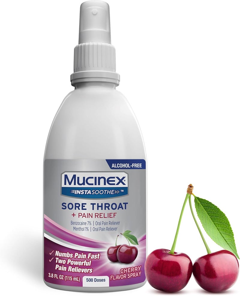 MUCINEX بخاخ موستينكس إنستاسوتhe لالتهاب الحلق لتخفيف آلام الفم بخاخ تخدير الحلق مع بنزوكاين ونعناع يبدأ العمل عند الاتصال بنكهة الكرز 38 أونصة سائلة - Image 1