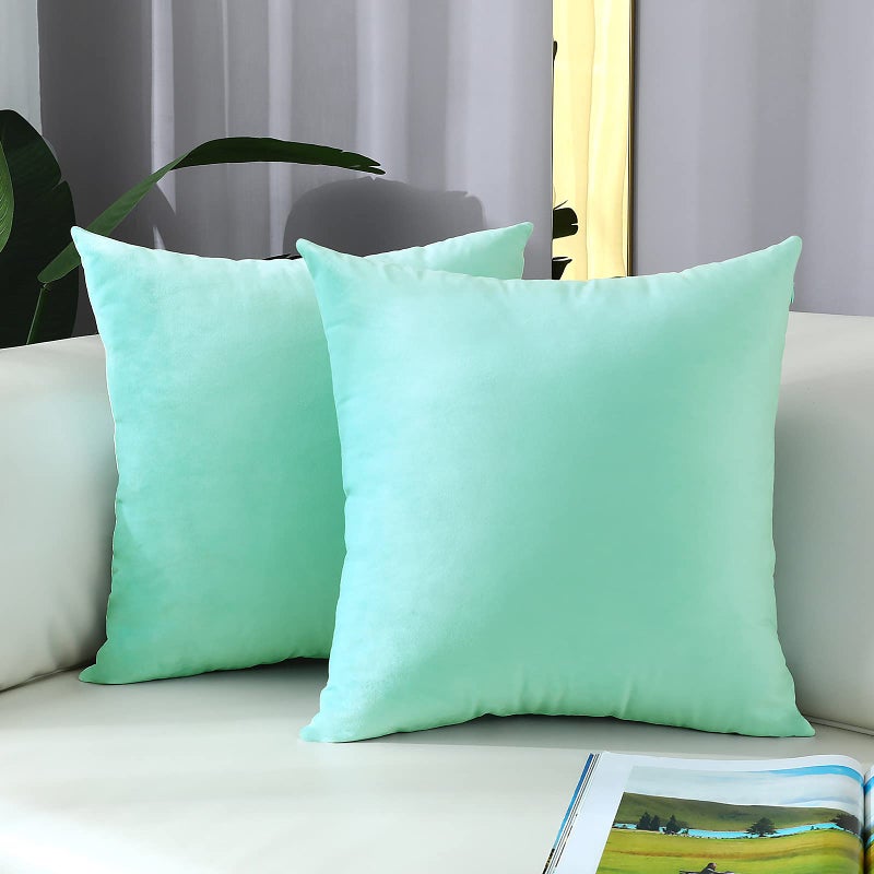 mixeoo Comfy Mint Green Throw Pillow Covers Decorative Square Solid Thick Velvet Super Soft Cushion Cases Home Decor for Sofa Couch Living Room Chair Set of 2 18 x 18 Inch