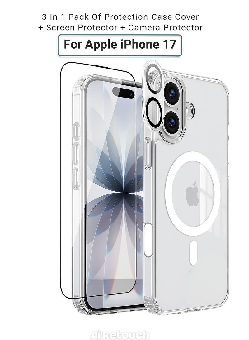 مجموعة الحماية 3 في 1 لهاتف أبل ايفون 17 المكونة من كفر حماية يدعم ماج سيف، مضاد للأصفرار ، و شاشة حماية زجاج ضد الكسر والخدوش ، و حماية عدسة الكاميرا - Image 1