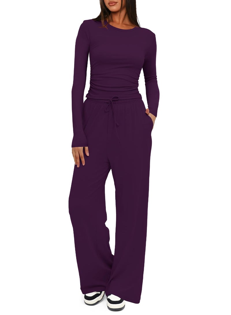 Darong Women's 2 Piece Sets Fall Outfits Long Sleeve Wide Leg Tracksuits Casual Sweat Sets Lounge Set 9065A Dark Purple S - Image 1