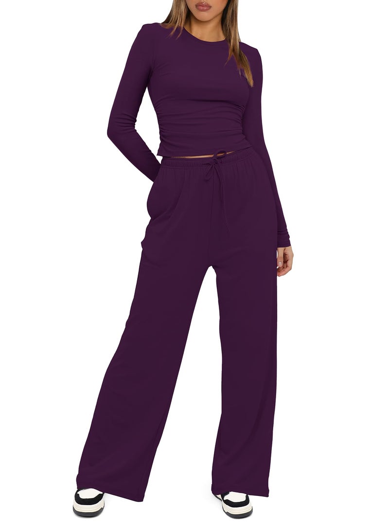 Darong Women's 2 Piece Sets Fall Outfits Long Sleeve Wide Leg Tracksuits Casual Sweat Sets Lounge Set 9065A Dark Purple S - Image 3