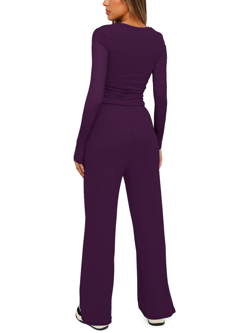 Darong Women's 2 Piece Sets Fall Outfits Long Sleeve Wide Leg Tracksuits Casual Sweat Sets Lounge Set 9065A Dark Purple S - Image 2