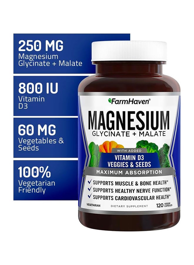 FarmHaven - Magnesium Glycinate And Malate Complex W/Vitamin D3 100% Chelated For Max Absorption Vegan 120 Capsules 60 Days - Image 1