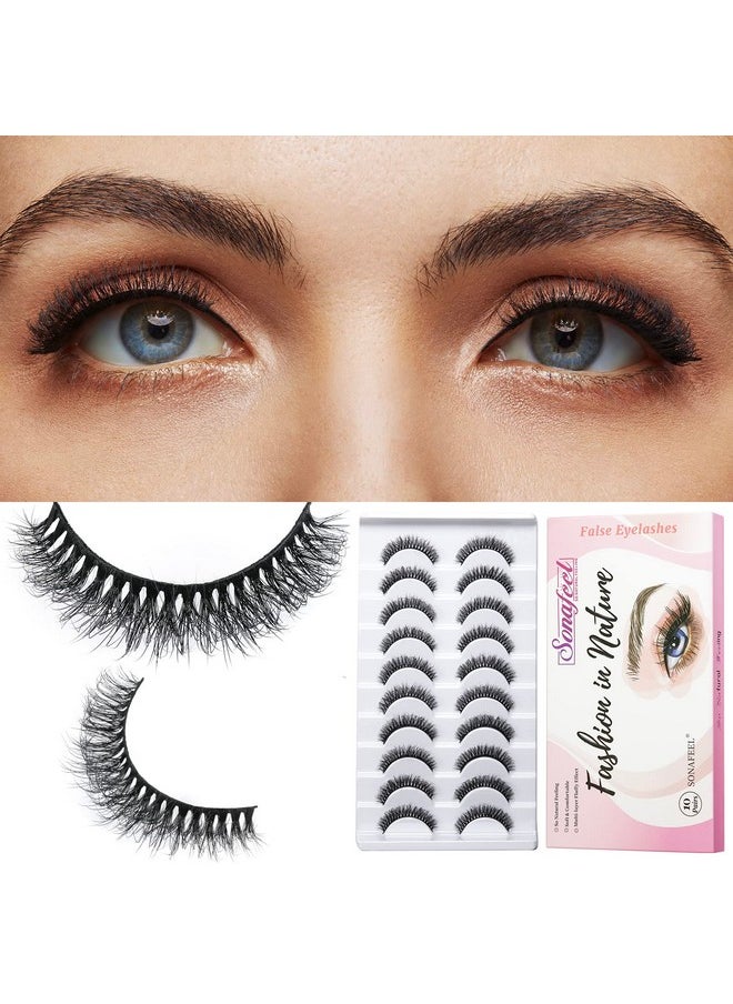 SONAFEEL - Short Eyelashes Curly Lashes 12Mm Fluffy Mink Lashes D Curl 10Pairs Short Russian Strip Lashes Pack Reusable False Eyelashes - Image 1