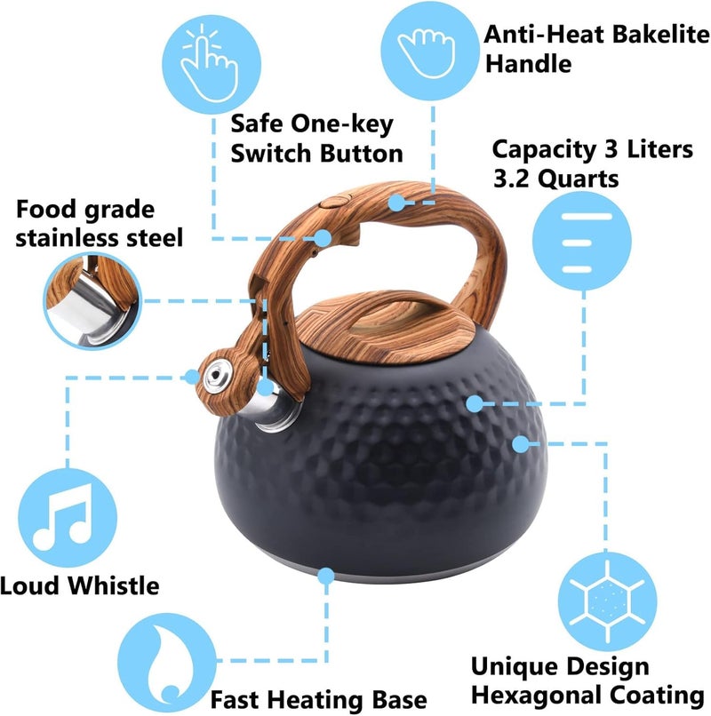 Foedo Tea Kettle Stovetop, 3.2 Qt Stainless Steel Whistling Kettle for Stove Top, Food Grade Teapot with Wood Pattern Handle for Coffee, Milk etc, Gas Electric Applicable (Black) - Image 3