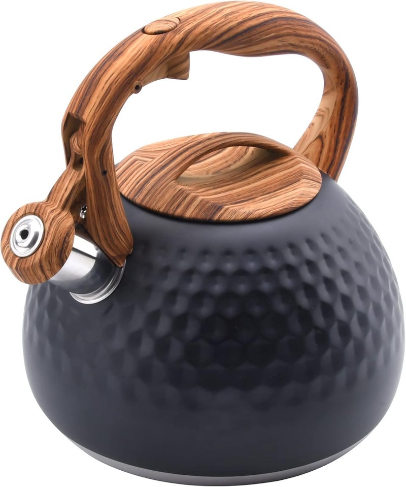 Foedo Tea Kettle Stovetop, 3.2 Qt Stainless Steel Whistling Kettle for Stove Top, Food Grade Teapot with Wood Pattern Handle for Coffee, Milk etc, Gas Electric Applicable (Black) - Image 1