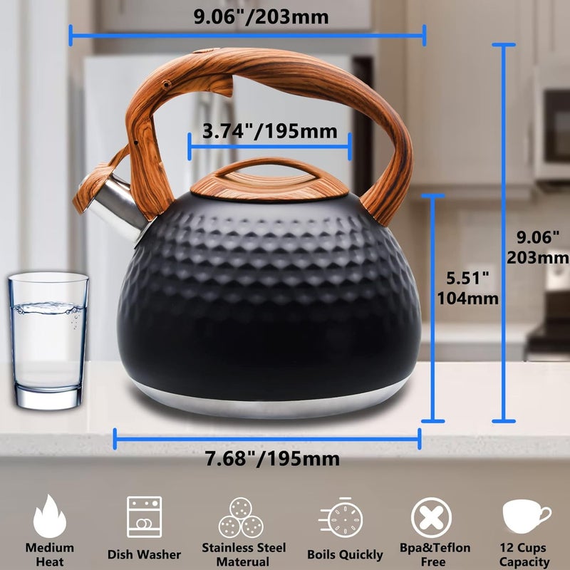 Foedo Tea Kettle Stovetop, 3.2 Qt Stainless Steel Whistling Kettle for Stove Top, Food Grade Teapot with Wood Pattern Handle for Coffee, Milk etc, Gas Electric Applicable (Black) - Image 2