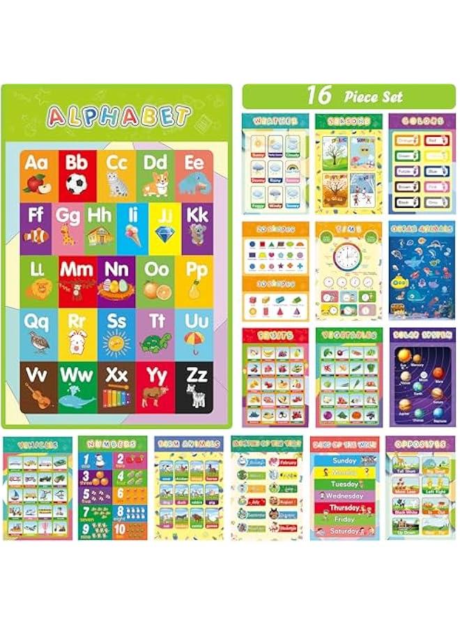 16 Educational Posters for Toddlers - Pre K Learning Posters for Classroom & Playroom Decor Alphabet Number Chart - Image 1