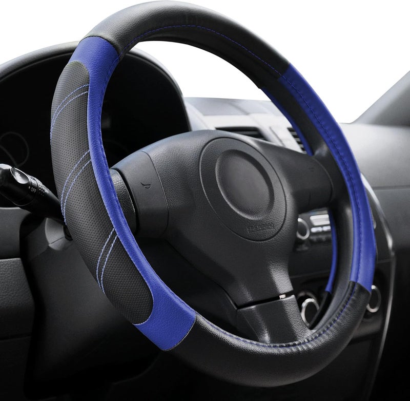 Elantrip Steering Wheel Cover Leather 15 1/2-16 inch Universal Padded Soft Grip Breathable for Car Truck SUV Jeep Anti Slip Blue and Black - Image 1