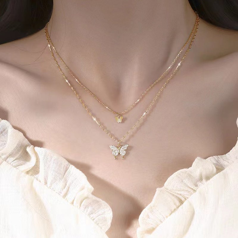 Generic Sparkling Butterfly Double Layer Necklace for Women A224 (golden) 45CM + 5CM extension chain 