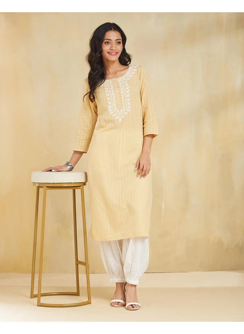 Fabindia Yellow Cotton Chikankari Long Kurta