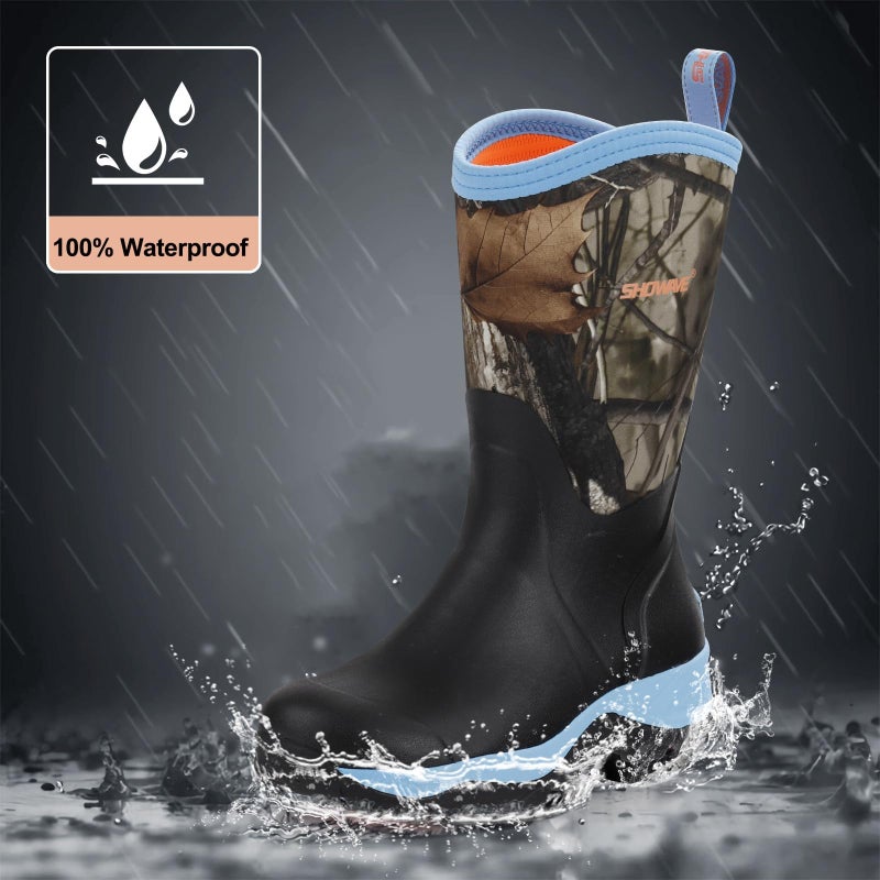 Showave Rubber Boots for Women Mid Calf Rain Boots Women Insulated Garden Boot Waterproof Durable Mud Boot for Hunting Farming Working(Camo Blue,Size 7) - Image 3