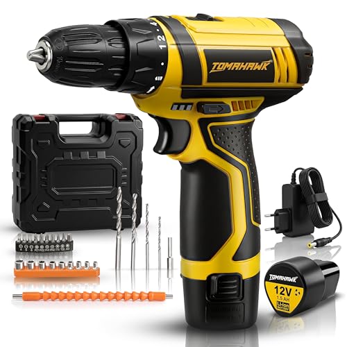 Tomahawk T7600-S 12V Cordless Drill/Screwdriver Kit 10mm Keyless Chuck 2-Speed (350/1350 RPM) 1.5Ah Single Battery LED Light, Battery Indicator DIY, Home & Woodworking Tool Set with Case - Image 1
